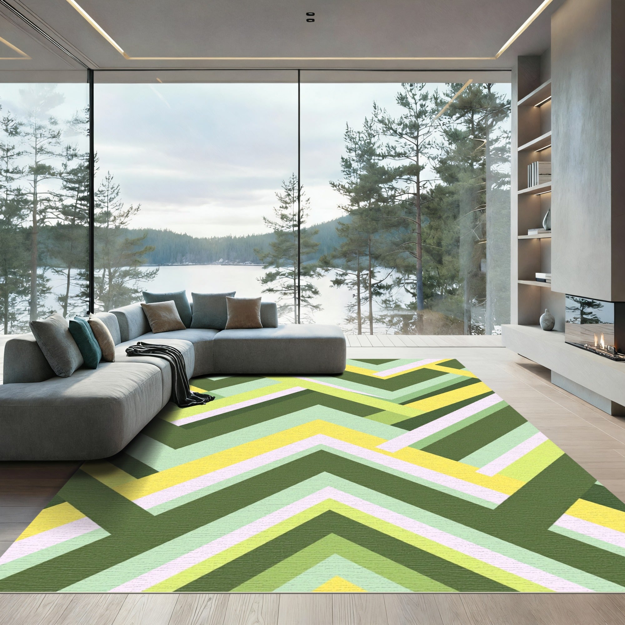 Modern Green Yellow Chevron Geometric Rug
