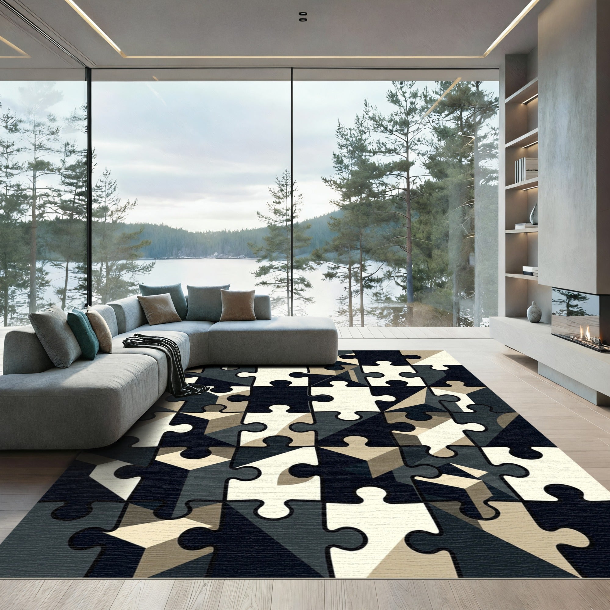 Monochrome Geometric Puzzle Grid Abstract Rug