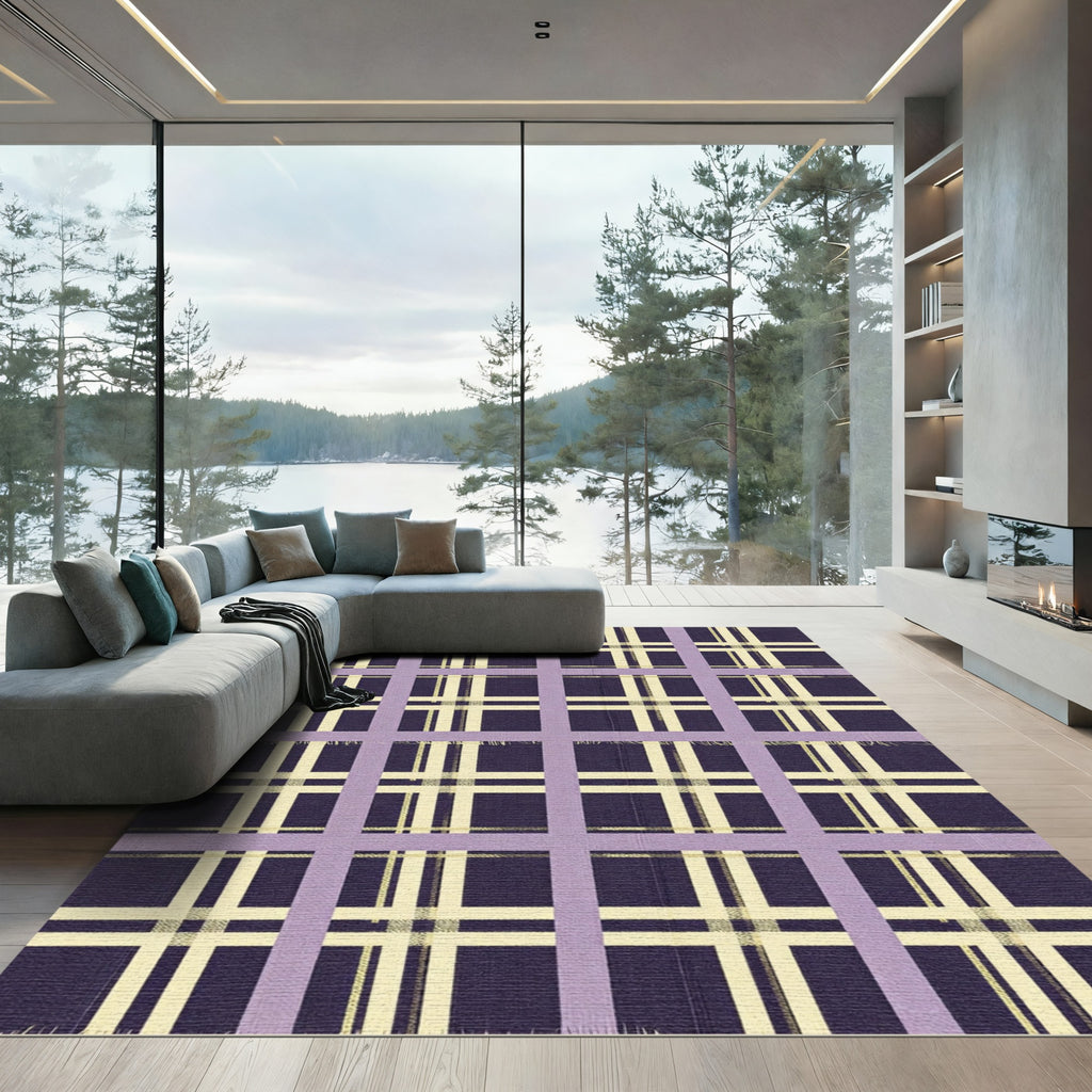 Deep Purple Cream Plaid Grid Rug
