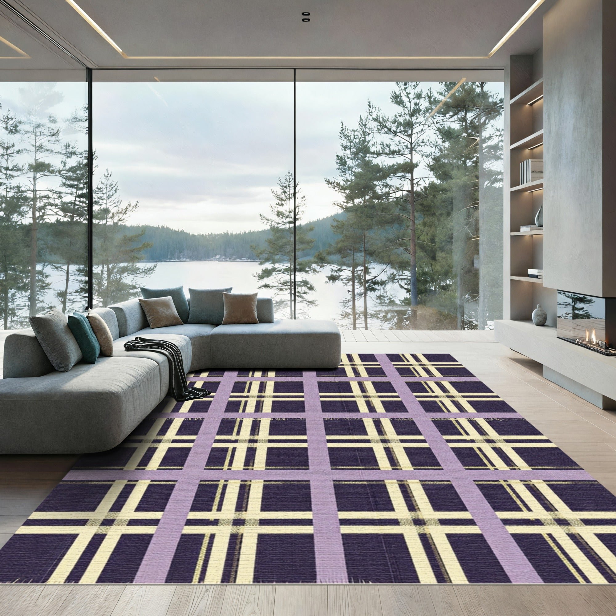Deep Purple Cream Plaid Grid Rug