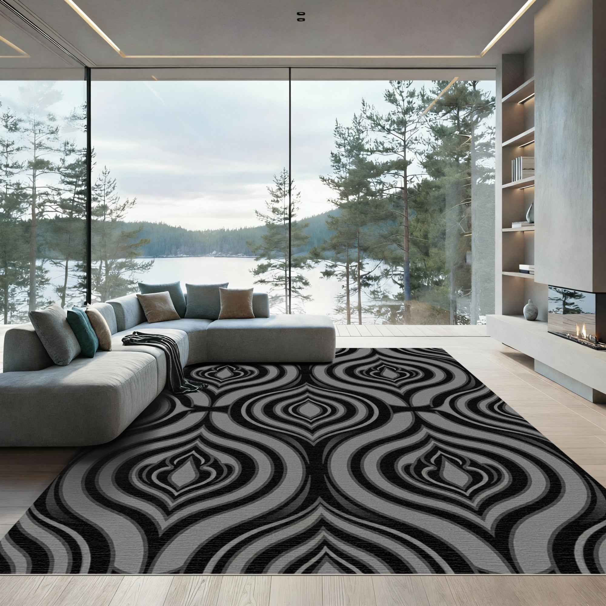 Sophisticated Charcoal and Silver Abstract Damask Rug