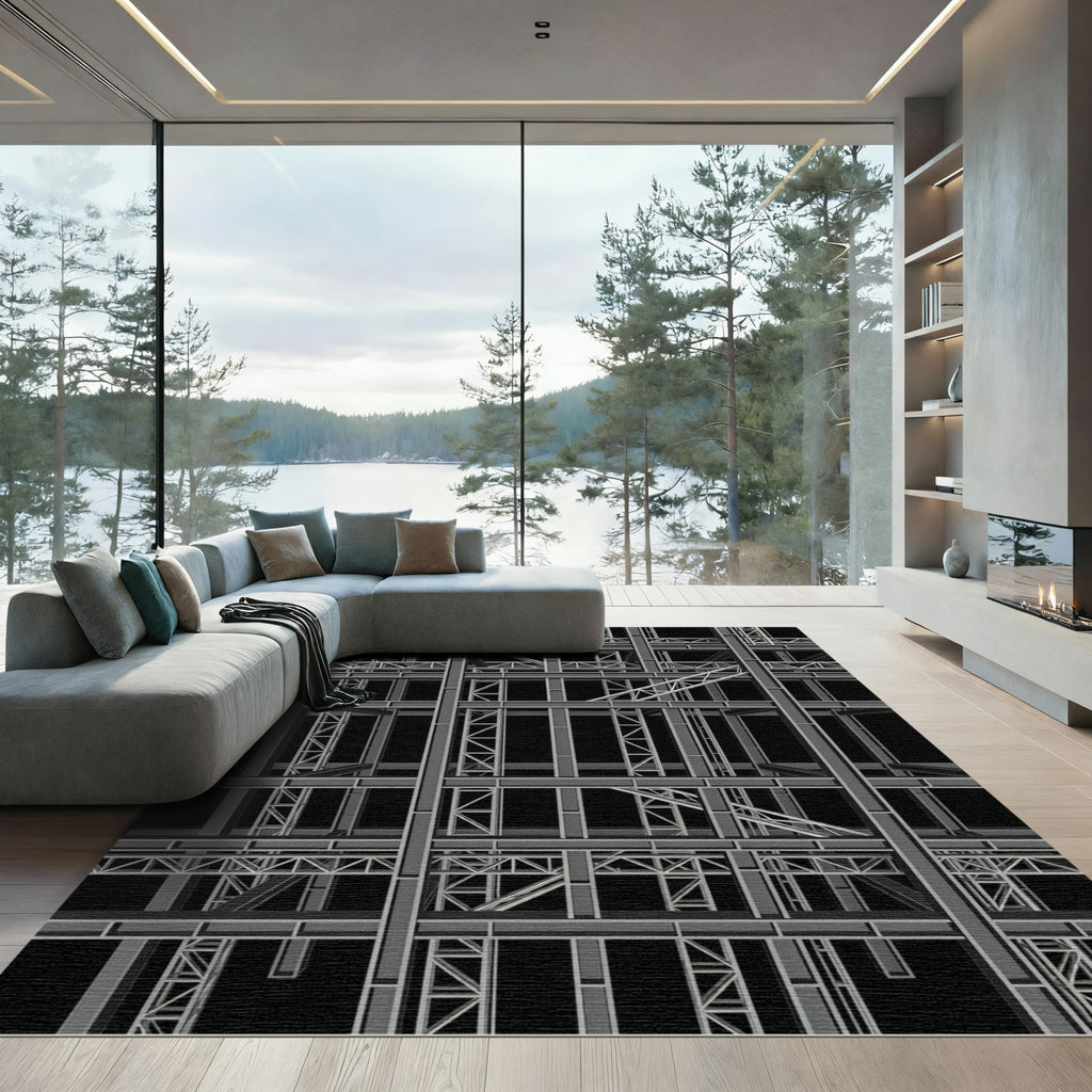 Industrial Gray Geometric Framework Rug