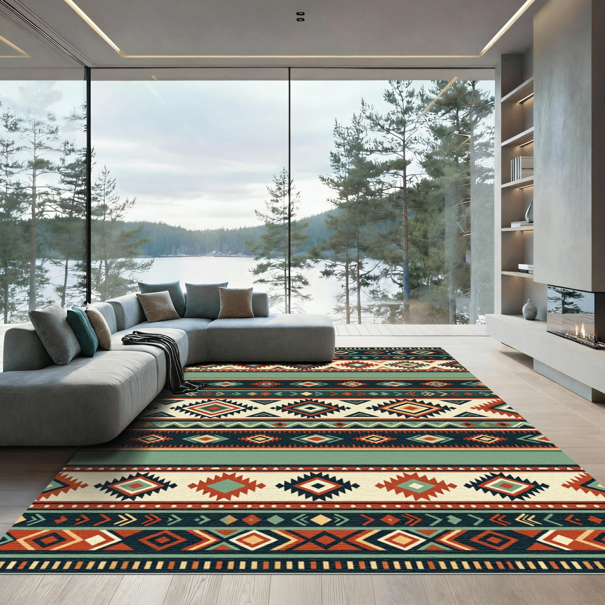 Tribal Diamond Geometric Terracotta Teal Rug