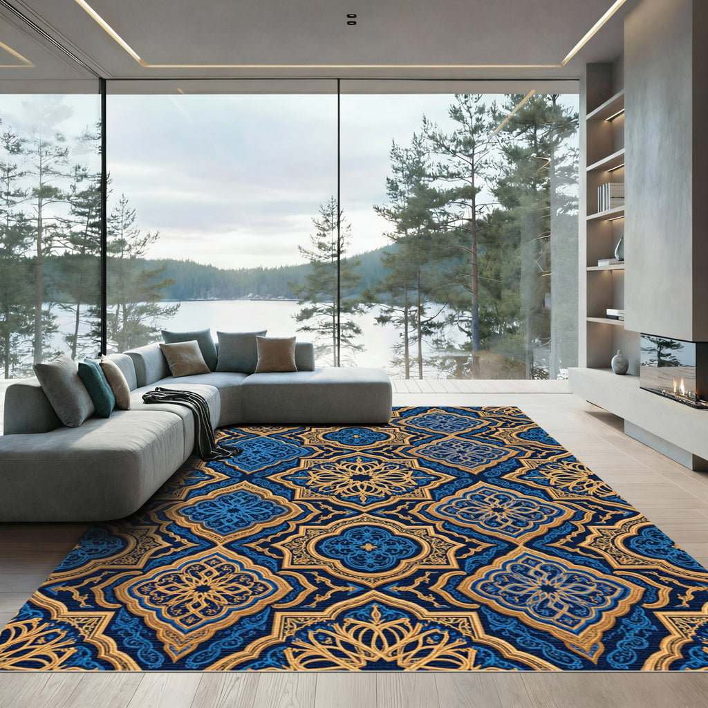 Midnight Blue and Gold Damask Medallion Rug