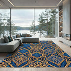 Midnight Blue and Gold Damask Medallion Rug