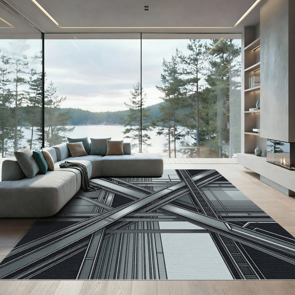 Monochromatic Industrial Steel Structure Rug