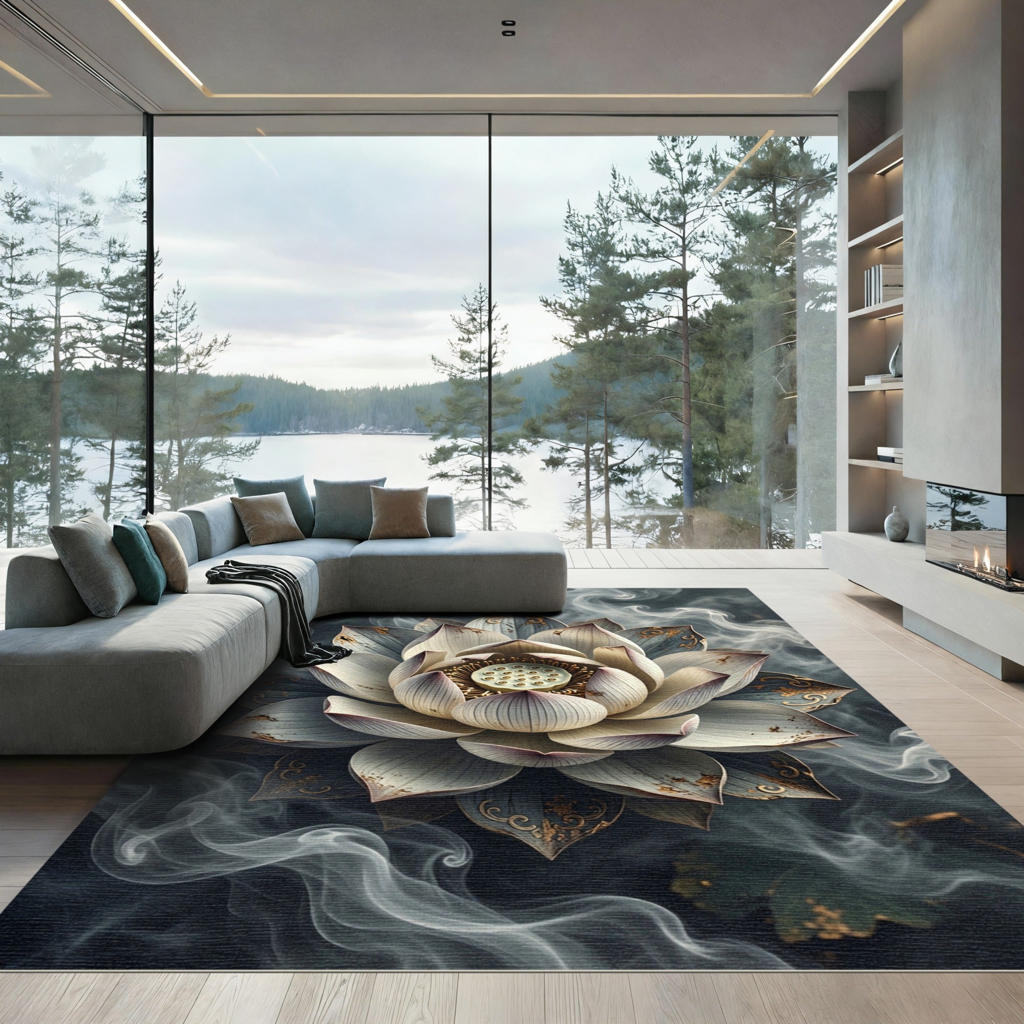 Ethereal Silver Lotus Smoke Bloom Rug
