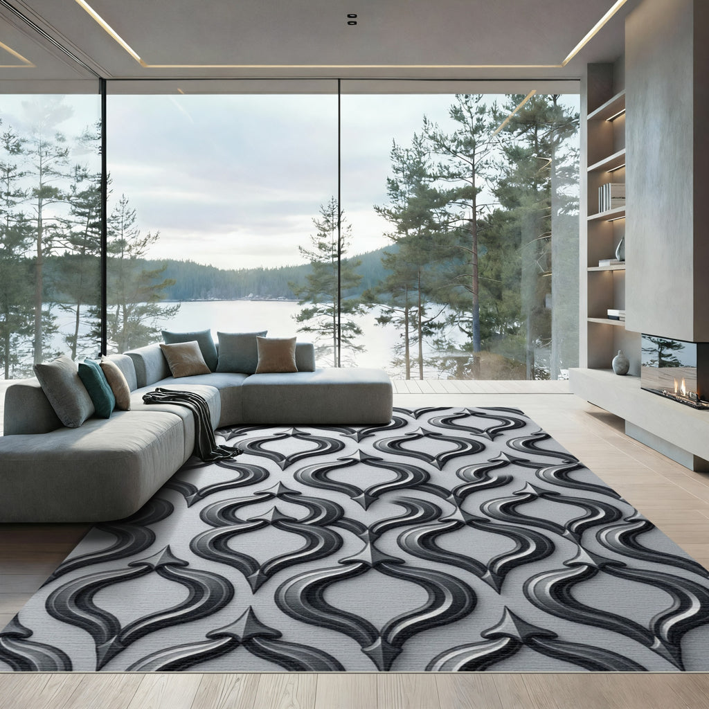 Sophisticated Black Sculpted Gothic Trellis Rug