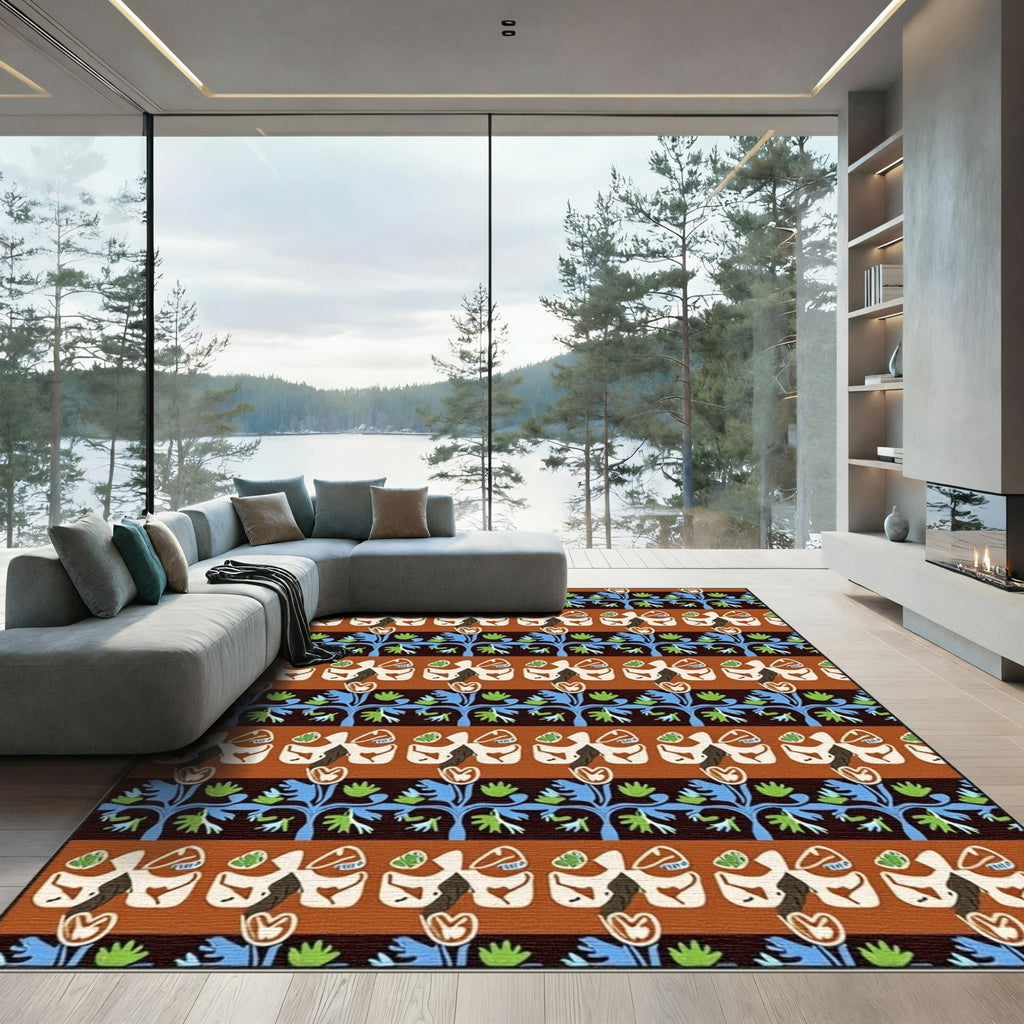 Brown Red Blue Floral Stripes Rug