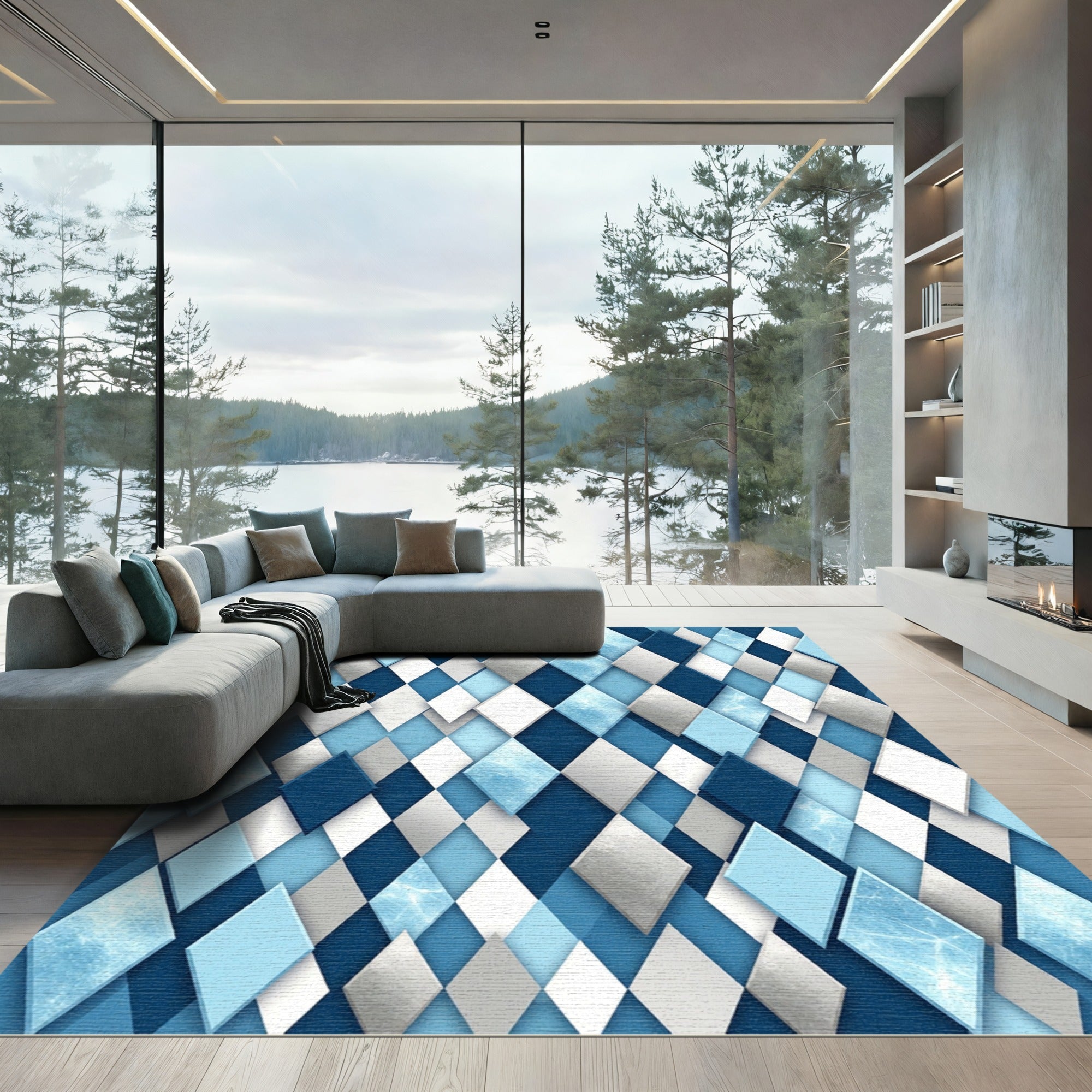 Sophisticated Blue Metallic Geometric Diamond Rug