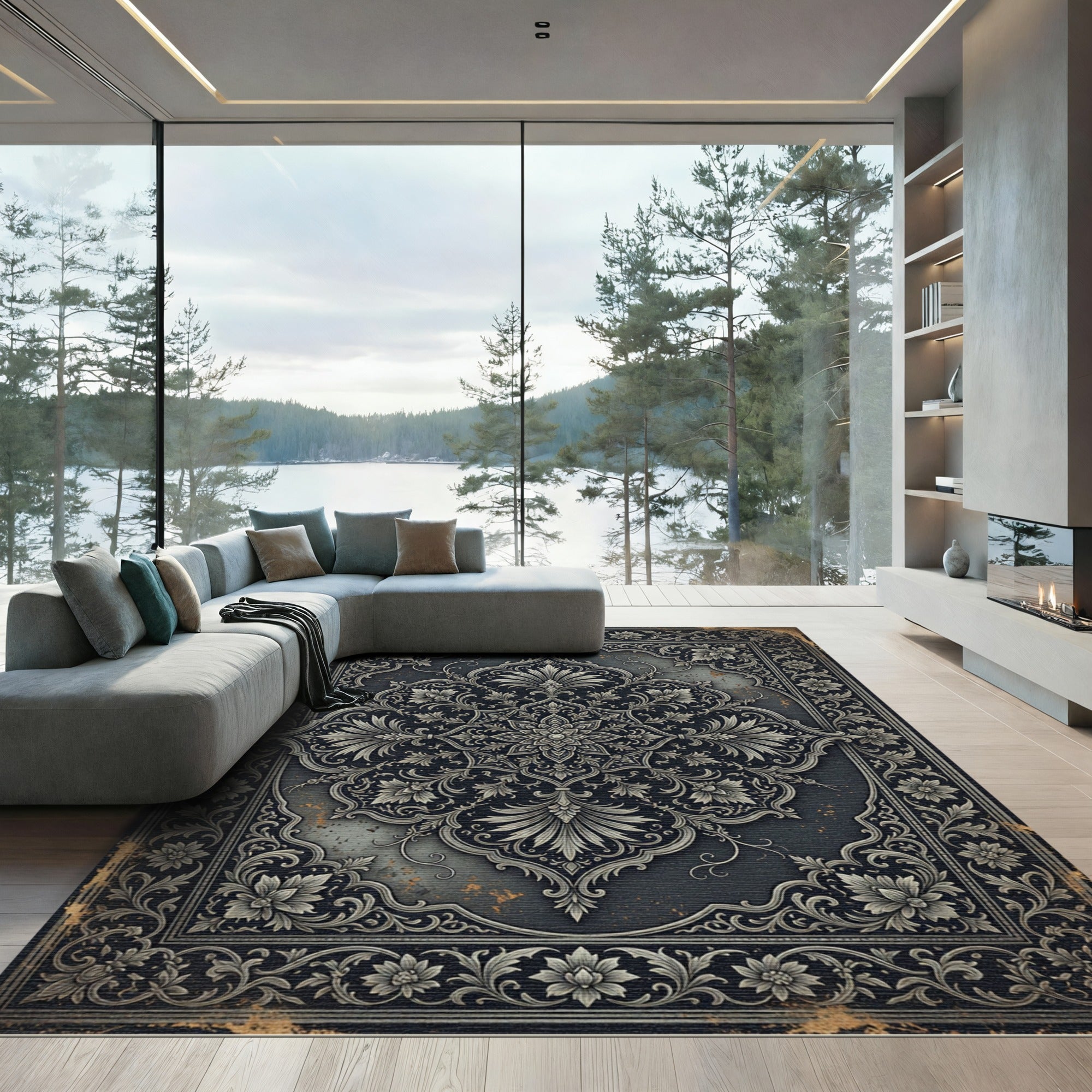 Ornate Gray Floral Scrollwork Medallion Rug