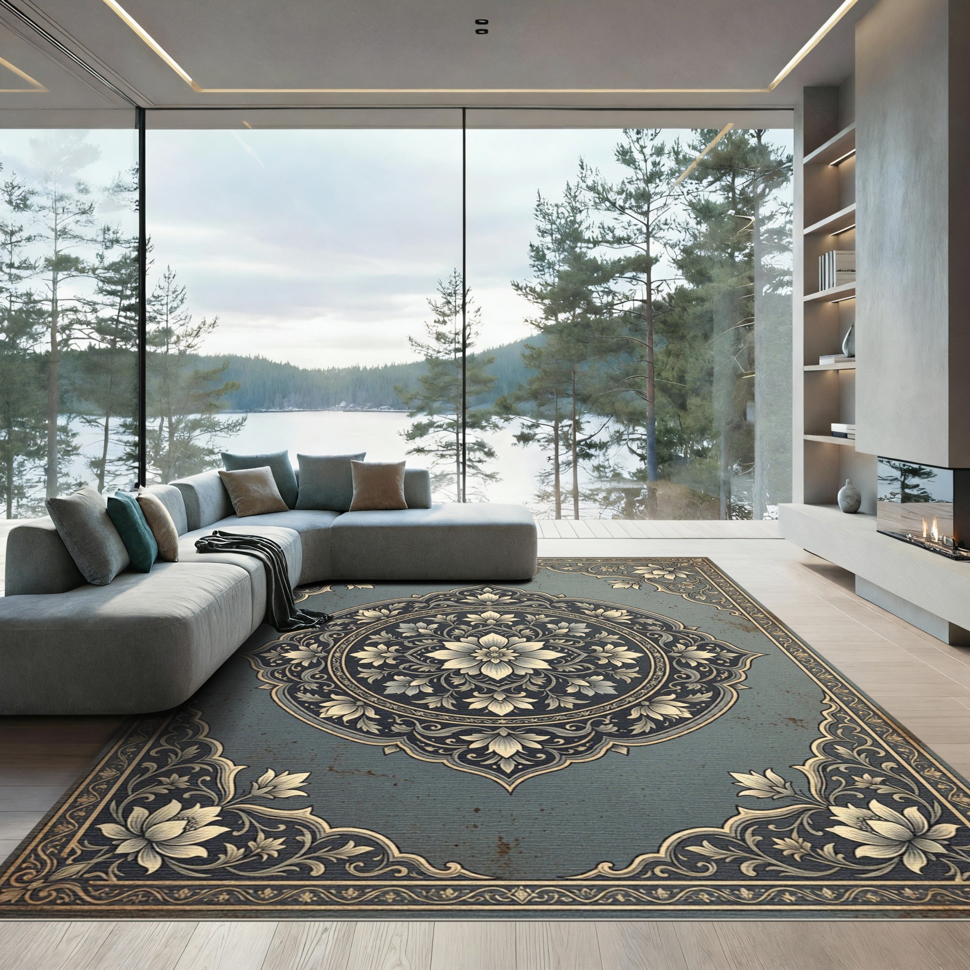 Distressed Teal Floral Medallion Rug