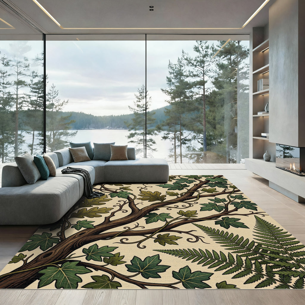 Earthy Forest Foliage Oak Ivy Illustration Rug