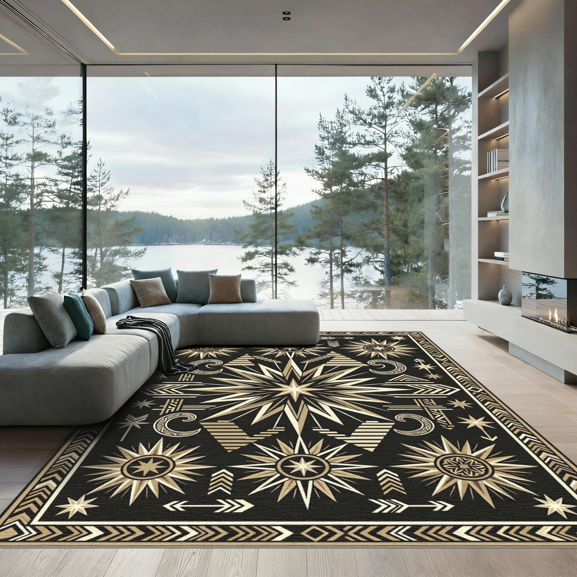 Golden Sun Celestial Tribal Border Rug