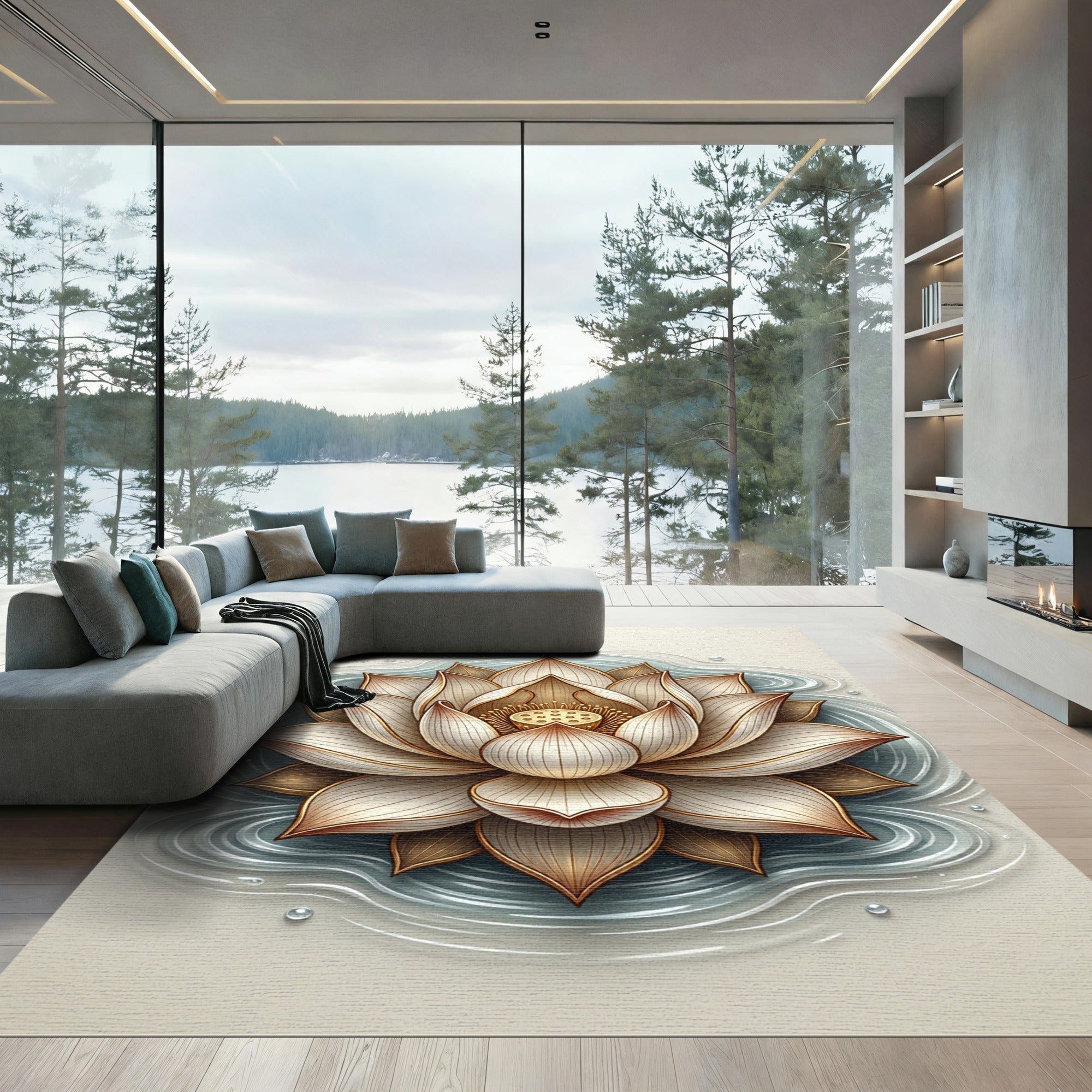 Golden Lotus Flower Water Ripples Rug
