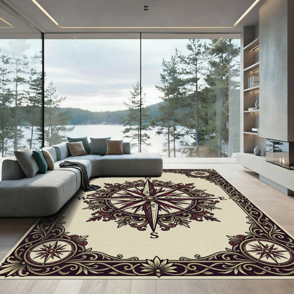 Crimson Compass Rose Ornate Frame Rug
