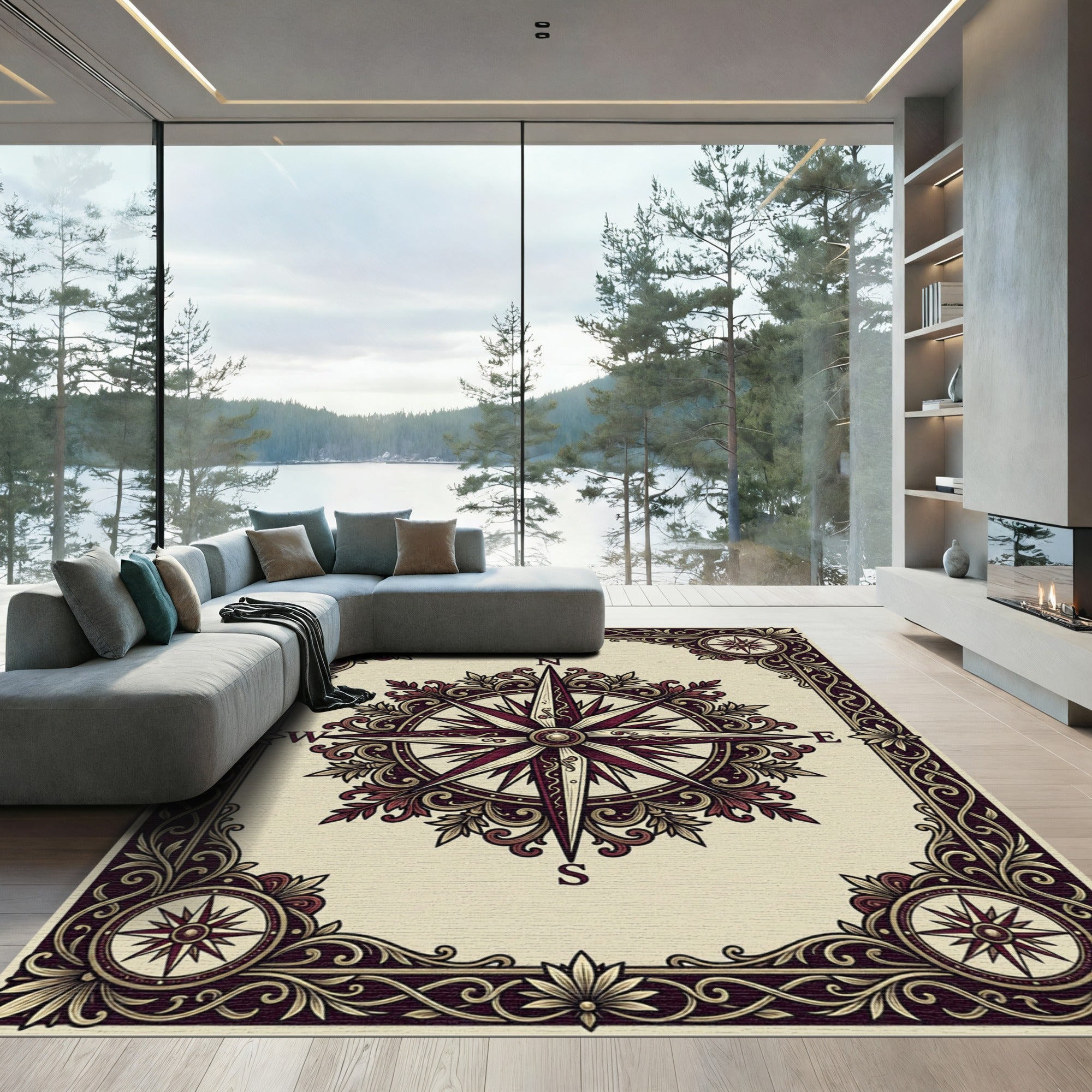 Crimson Compass Rose Ornate Frame Rug