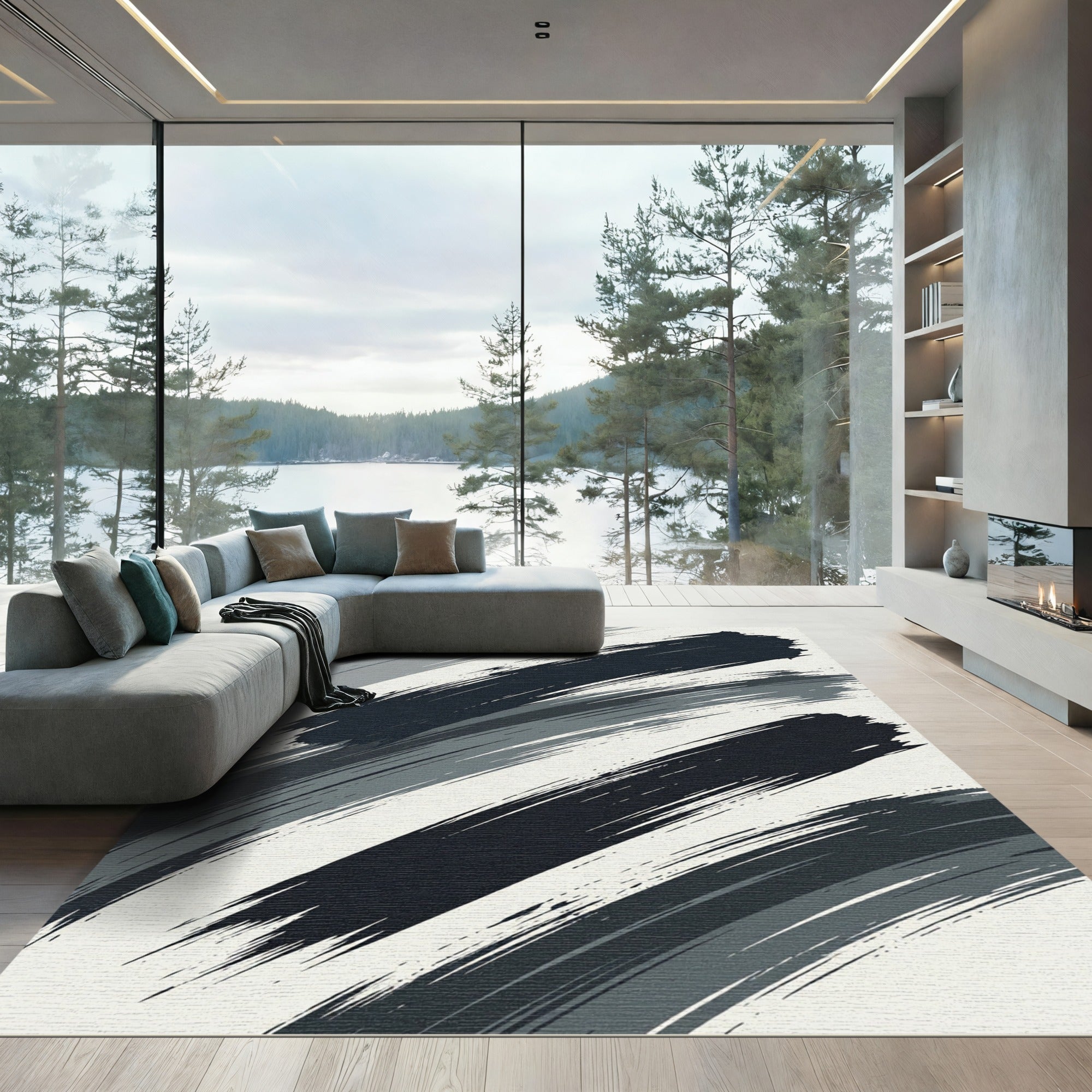 Abstract Charcoal Sweep Brush Strokes Rug