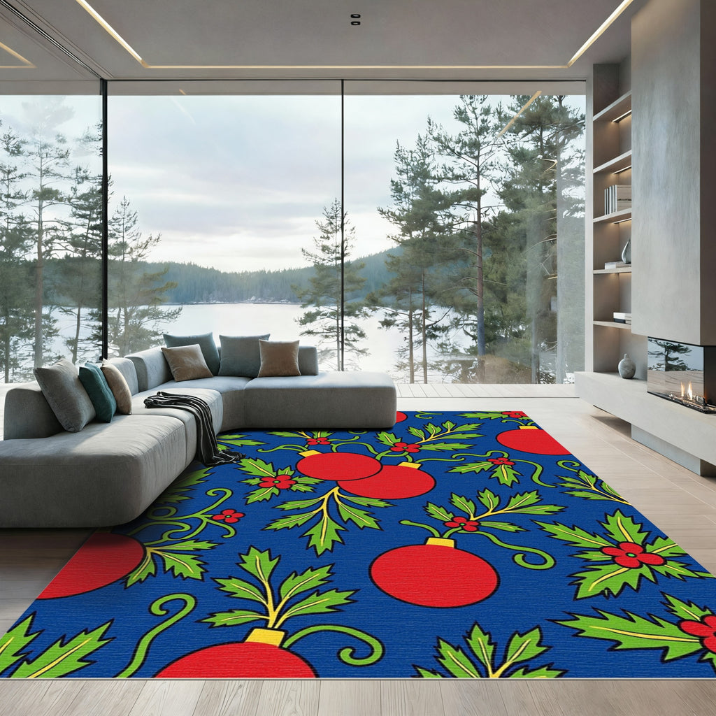 Red Ornaments Green Holly Blue Background Rug