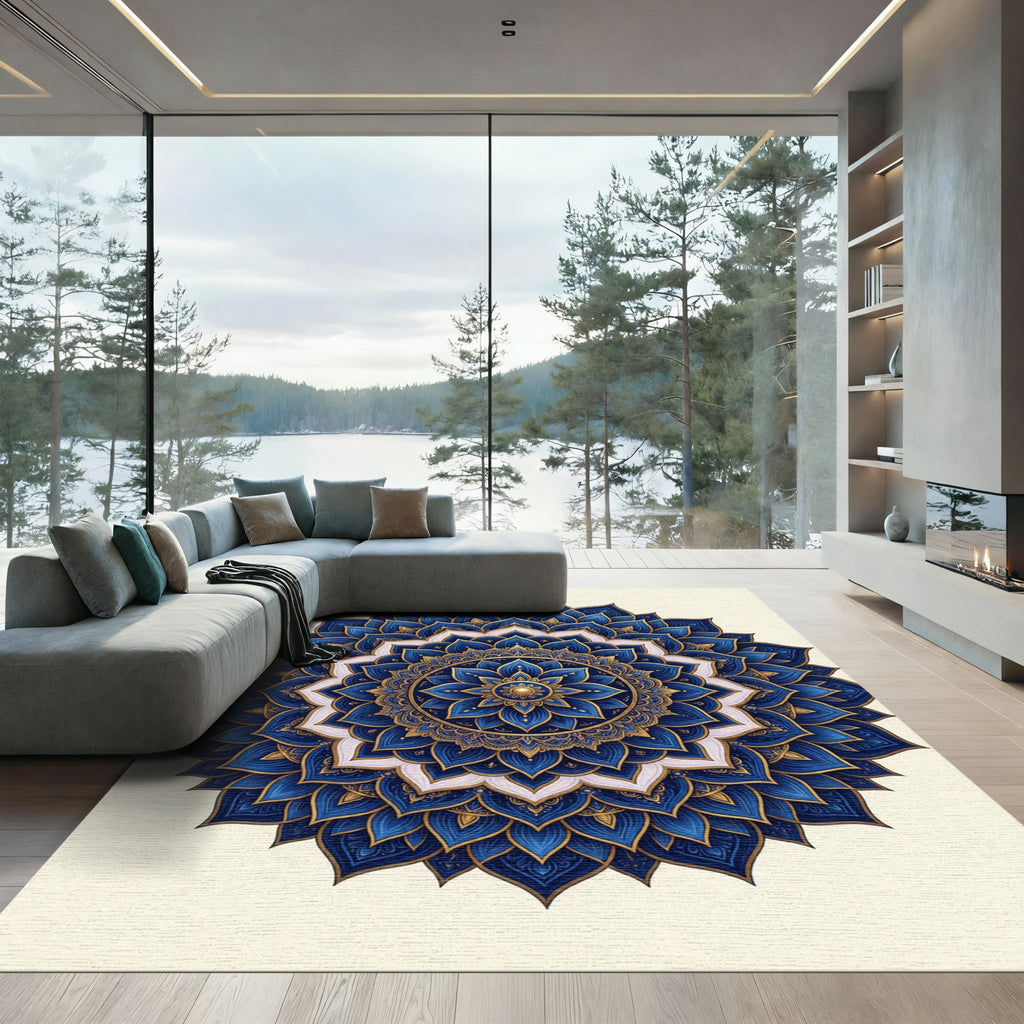 Elegant Royal Blue Gold Lotus Mandala Rug