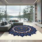 Elegant Royal Blue Gold Lotus Mandala Rug