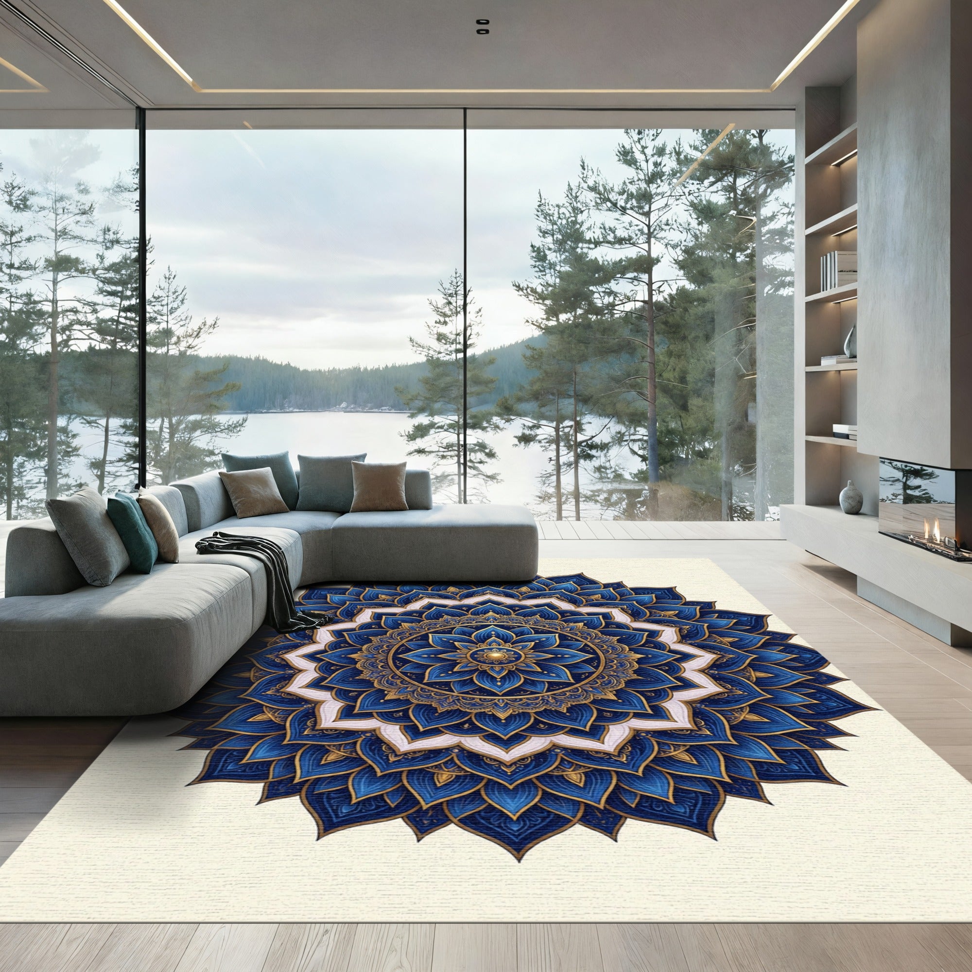 Elegant Royal Blue Gold Lotus Mandala Rug