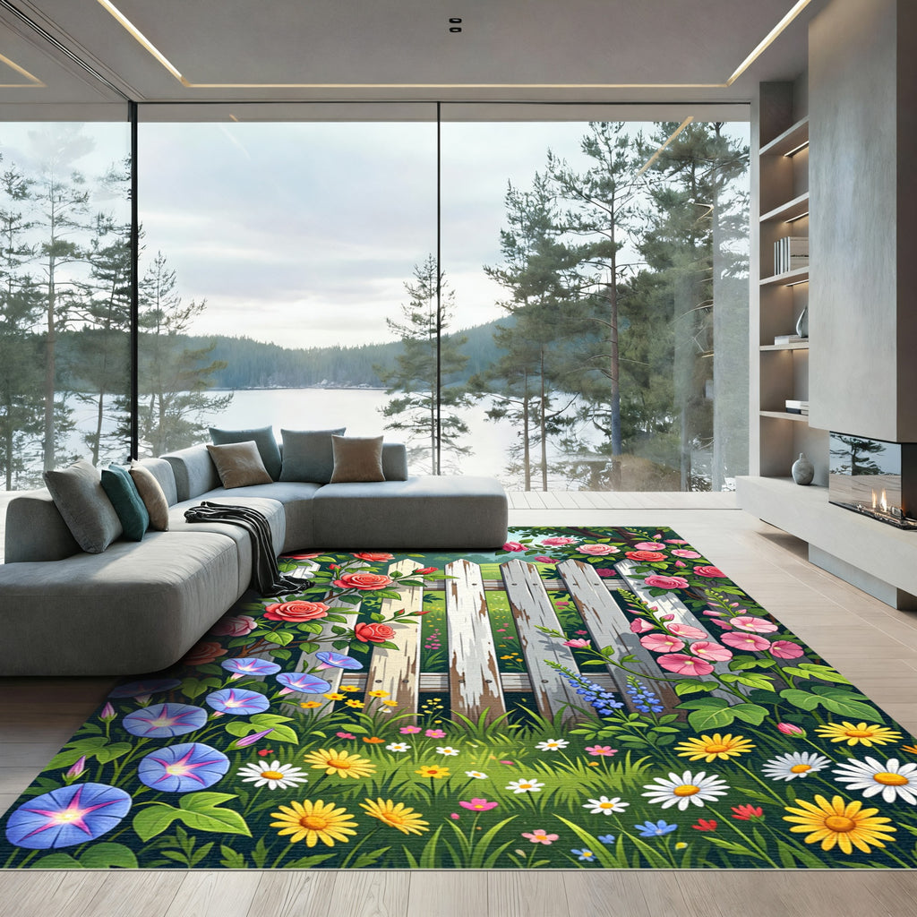 Enchanted Garden Floral White Fence Rug