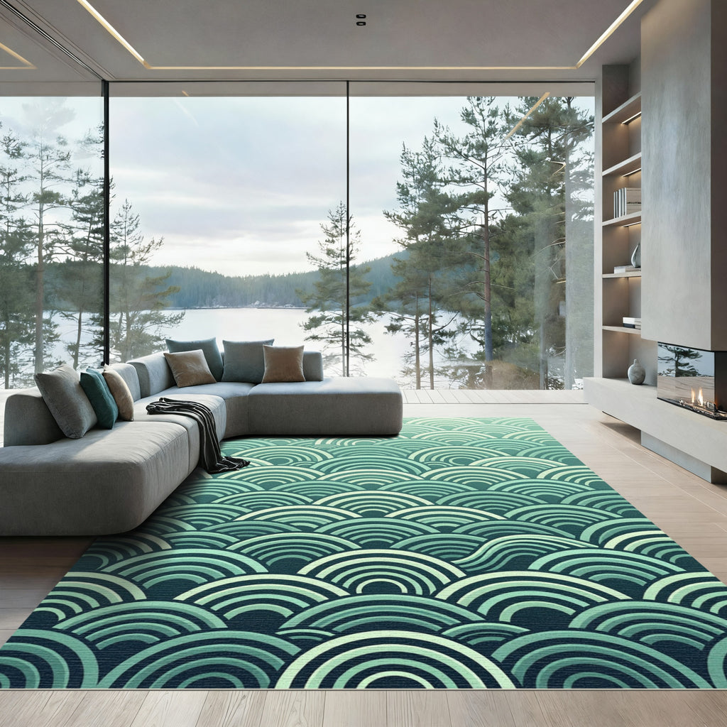 Teal Wave Concentric Arc Pattern Rug