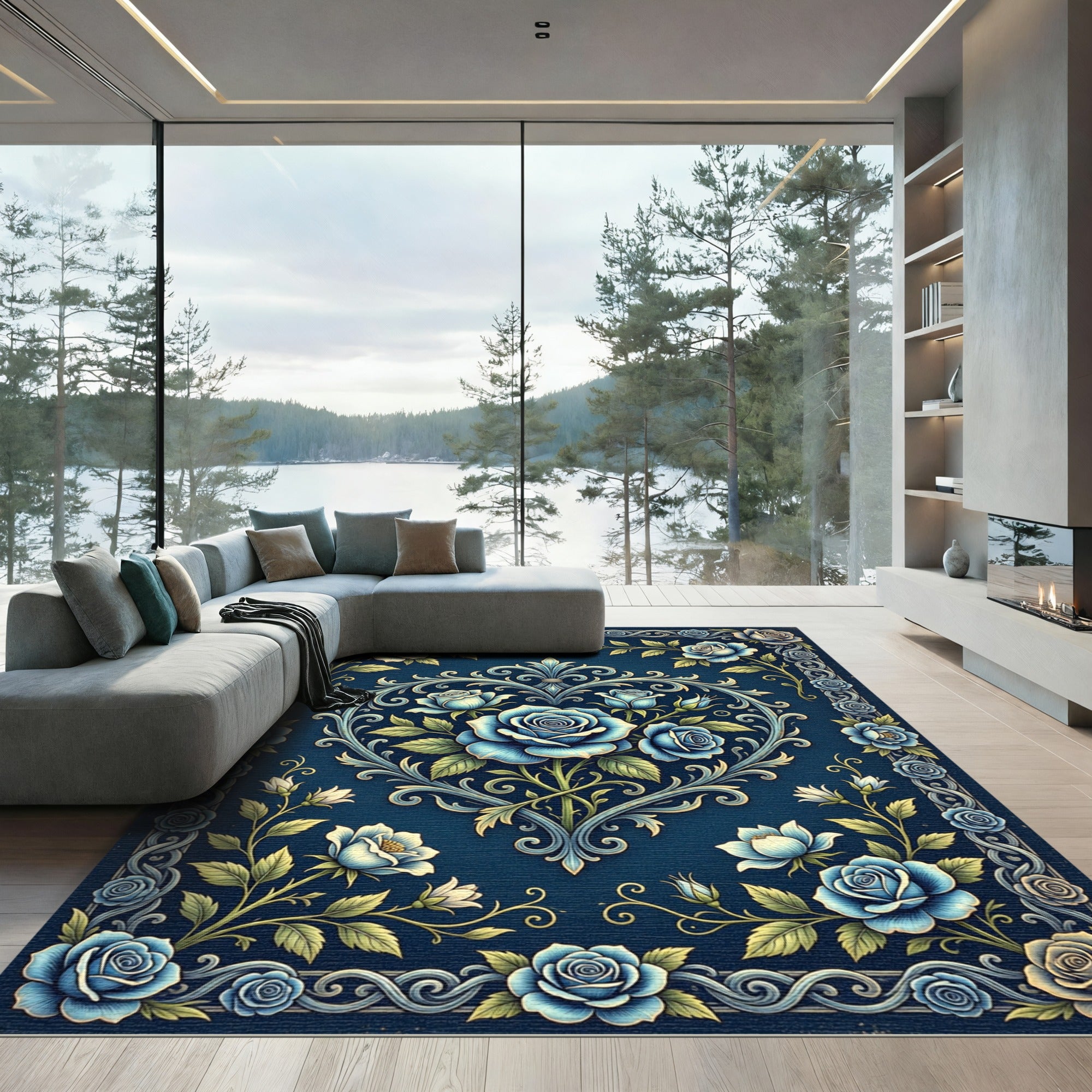 Deep Blue Victorian Rose Heart Rug