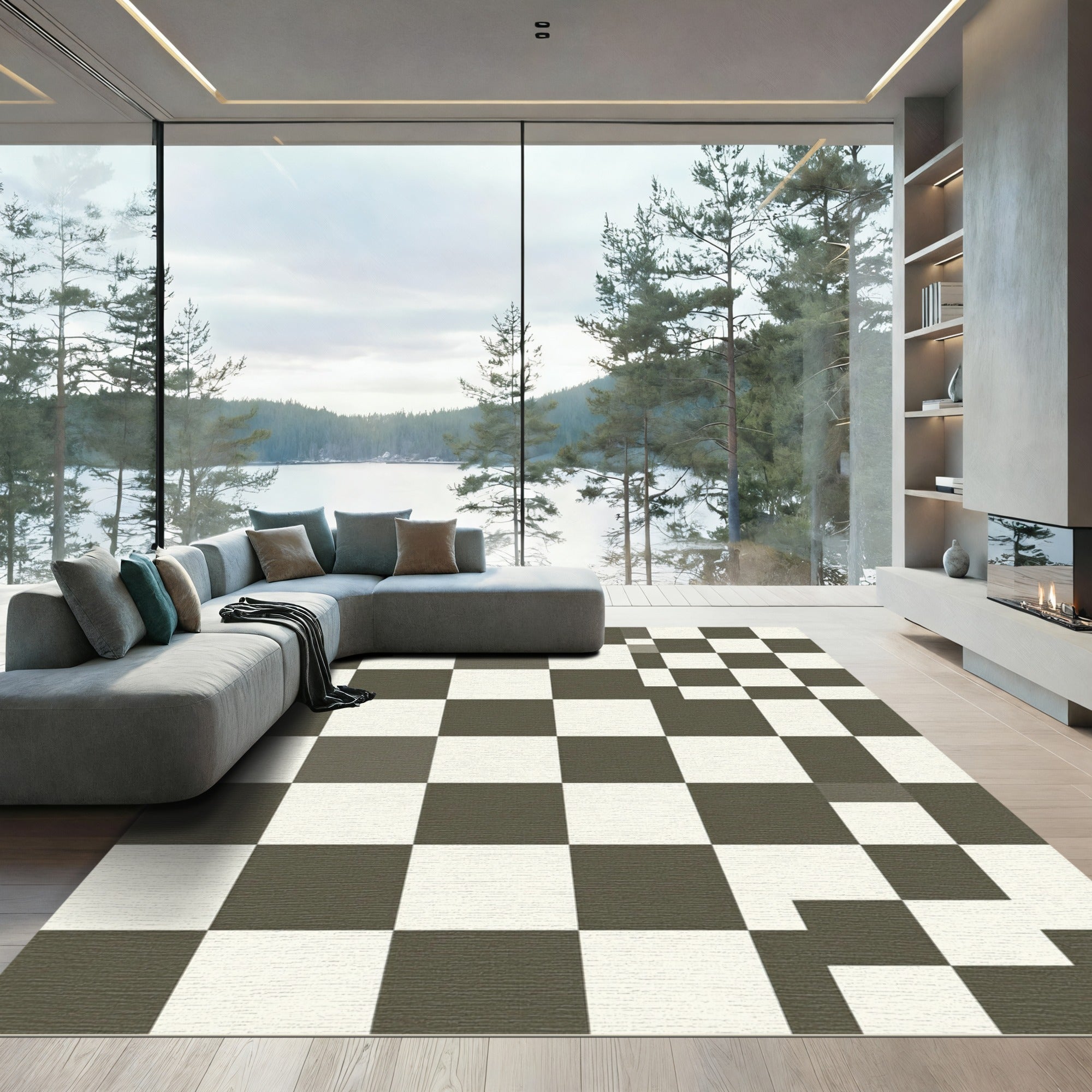 Dark Gray White Checkerboard Pattern Rug