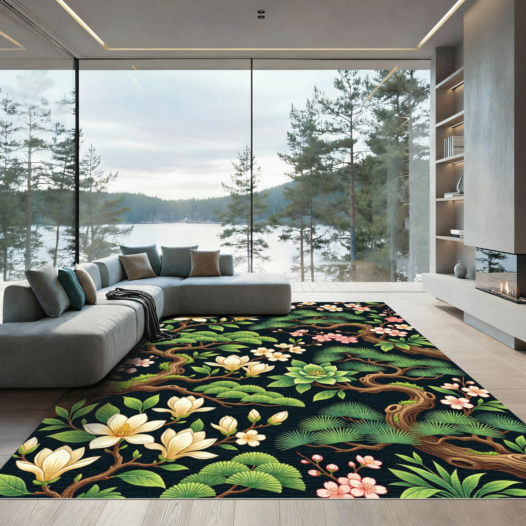 White Magnolia Pink Cherry Blossoms Rug