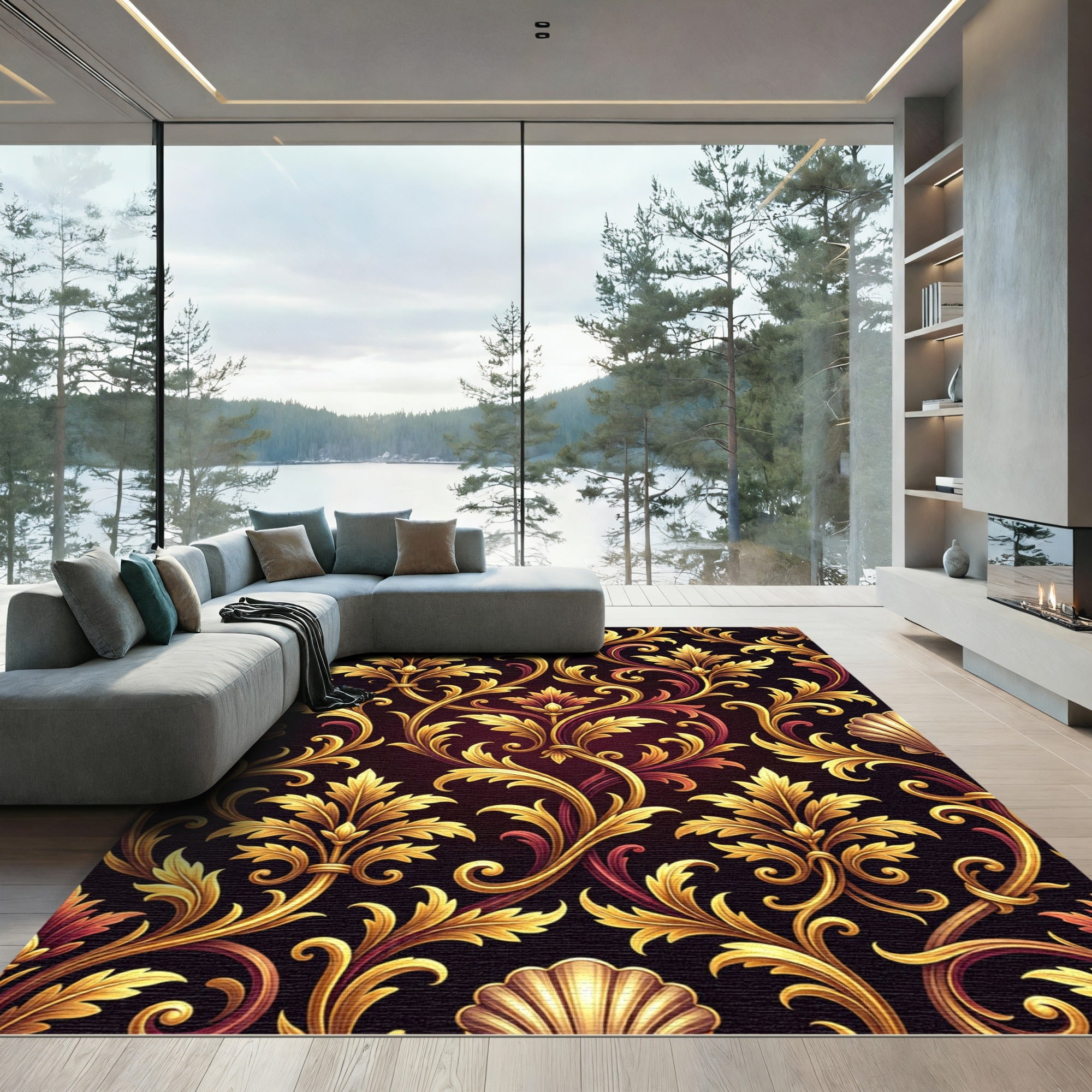 Ornate Gold Baroque Acanthus Scroll Wallpaper Rug