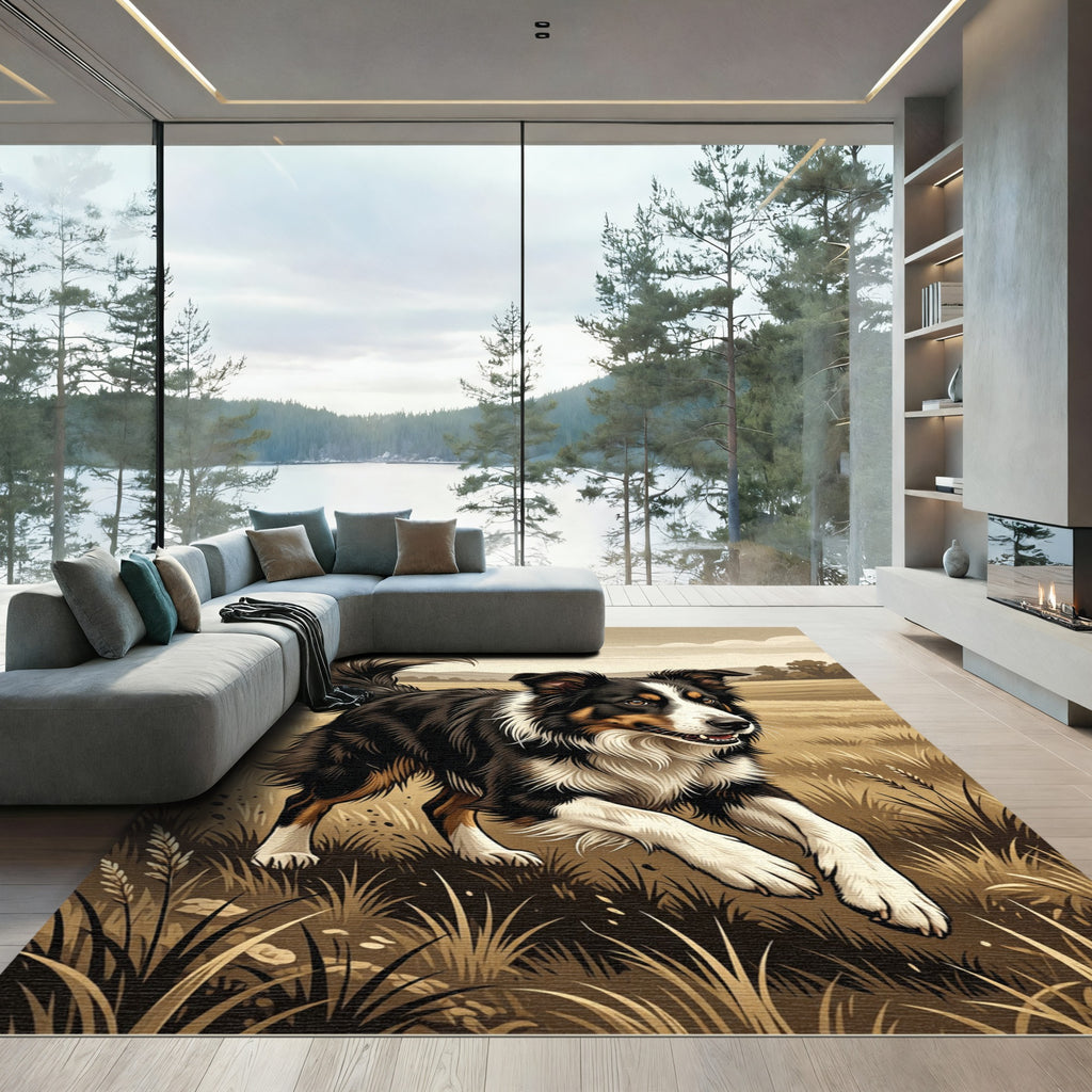 Artful Border Collie Meadow Landscape Rug