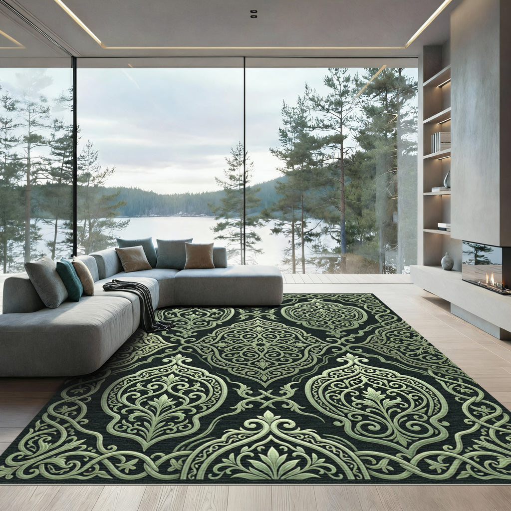 Intricate Ivory Arabesque Floral Medallion Rug