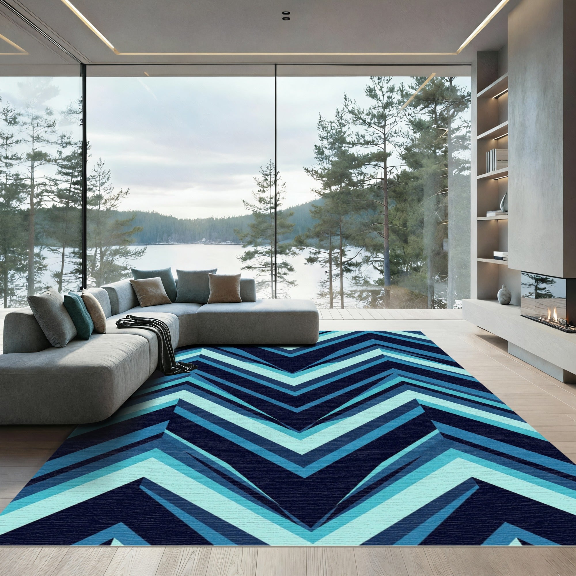 Deep Blue Layered Chevron Pattern Rug