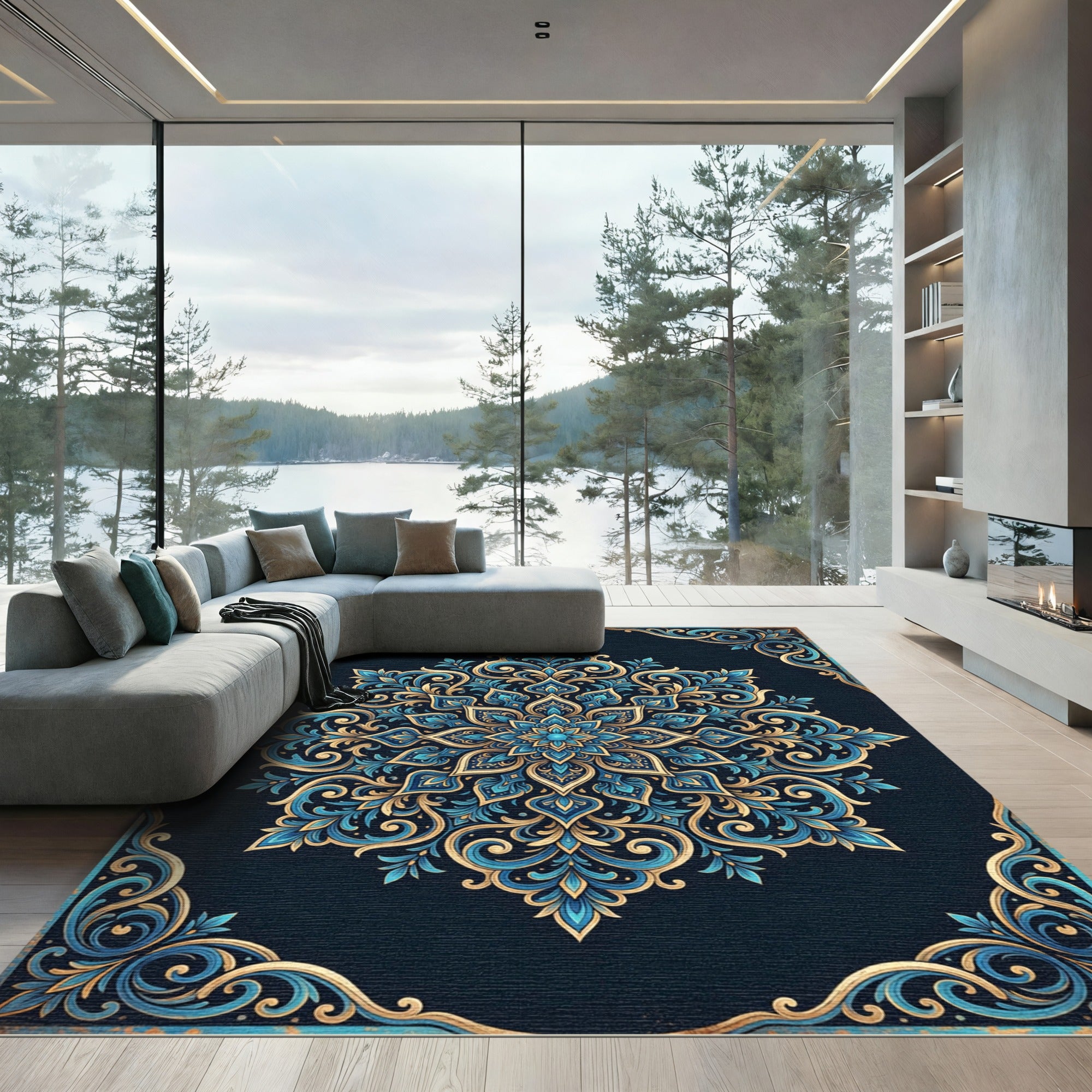 Ornate Blue and Gold Floral Mandala Rug