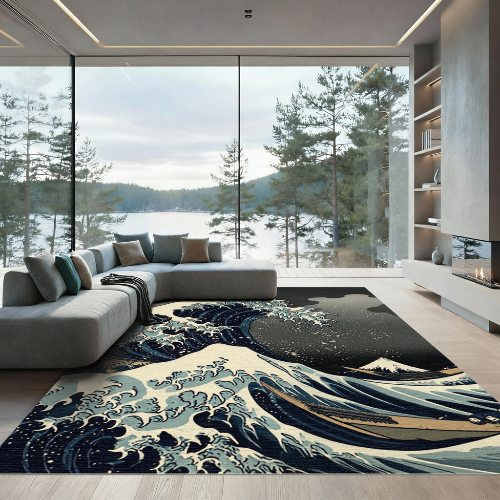 Deep Blue Ocean Wave Mt Fuji Rug