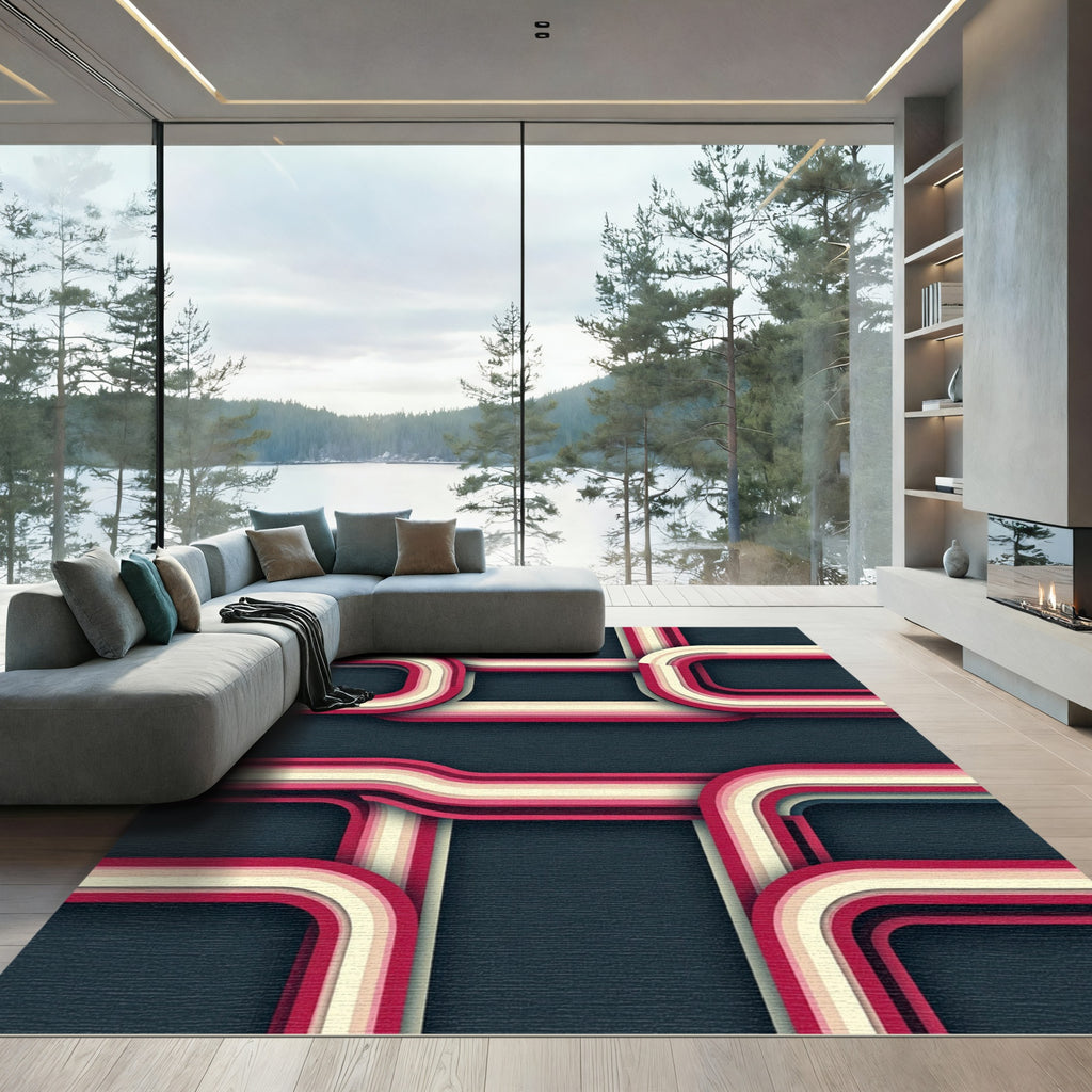Retro Pink Cream Layered Rectangles Rug