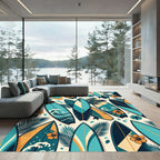 Tropical Teal Surfboard and Hibiscus Illustration Rug