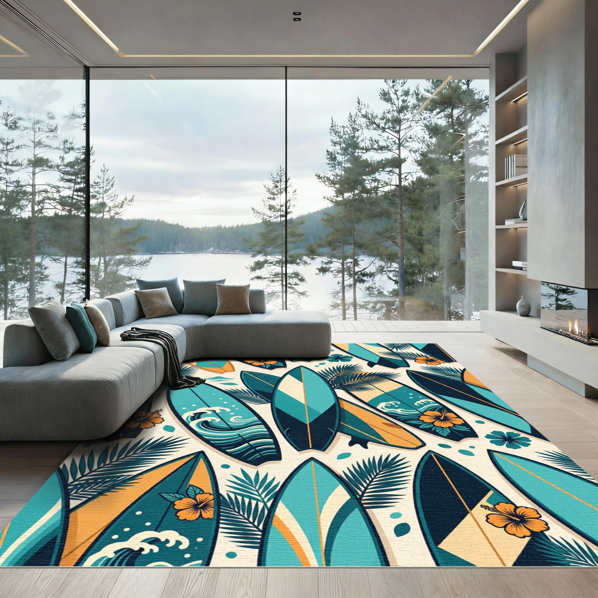 Tropical Teal Surfboard and Hibiscus Illustration Rug