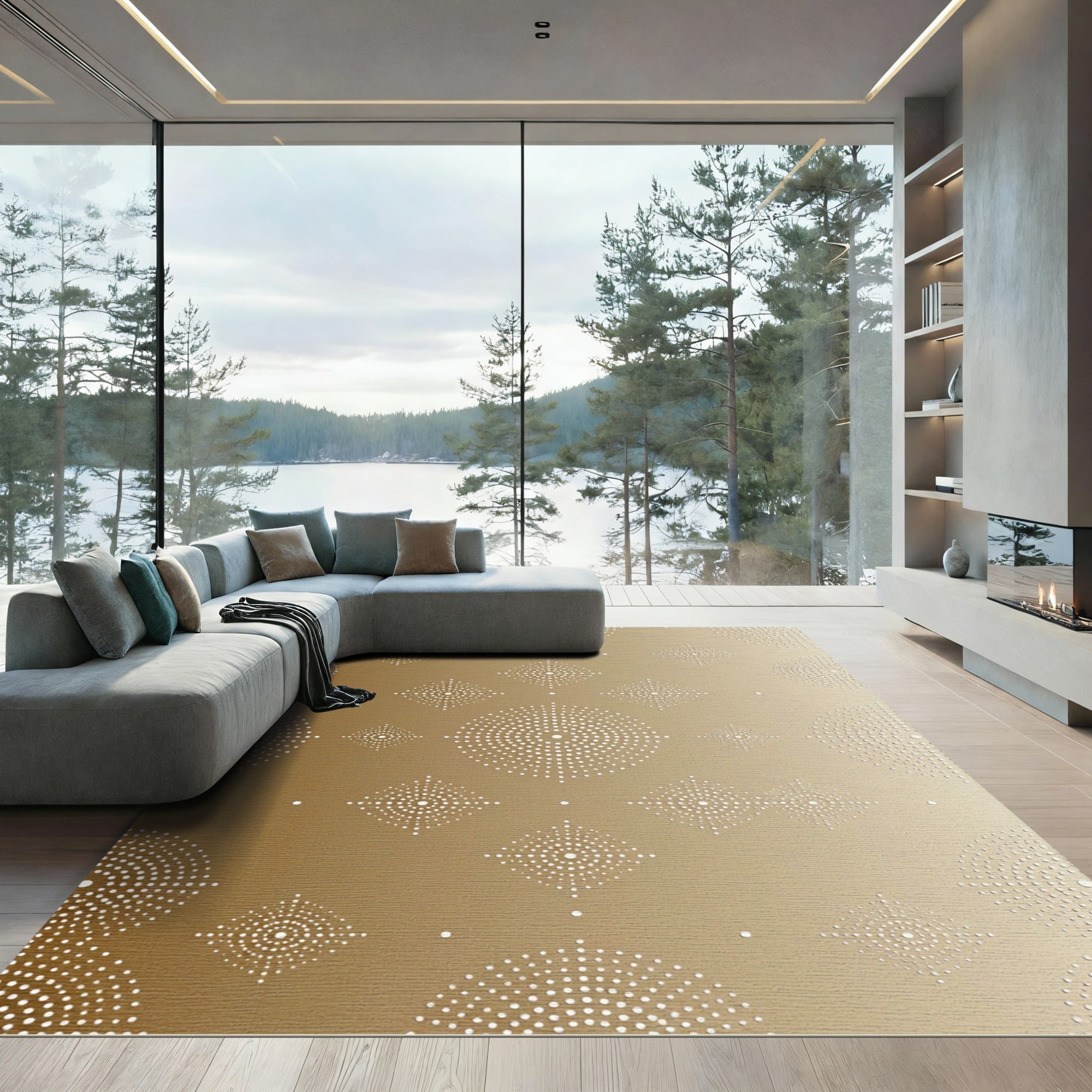 Golden White Dot Medallion Motif Rug
