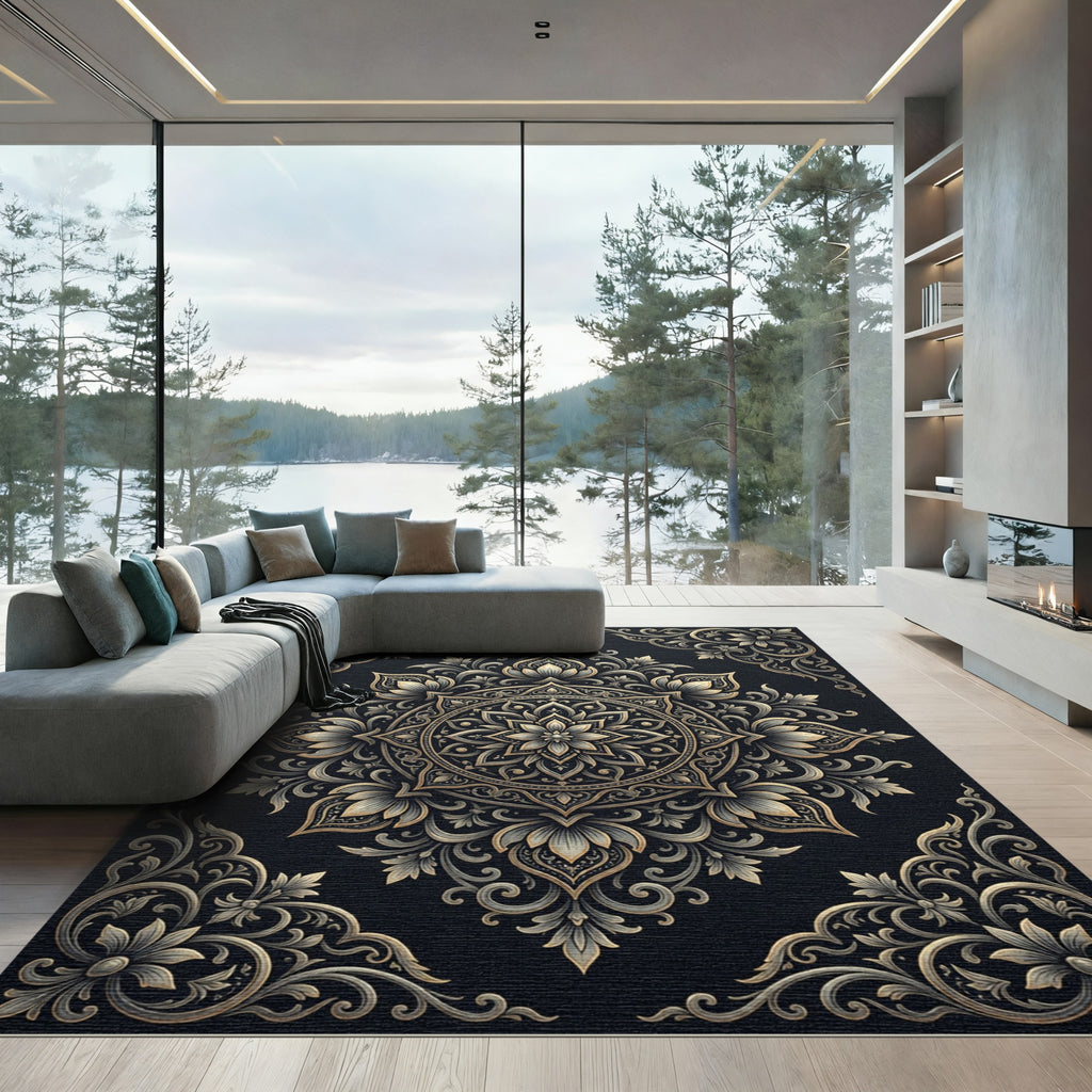 Elegant Gold Floral Black Mandala Rug