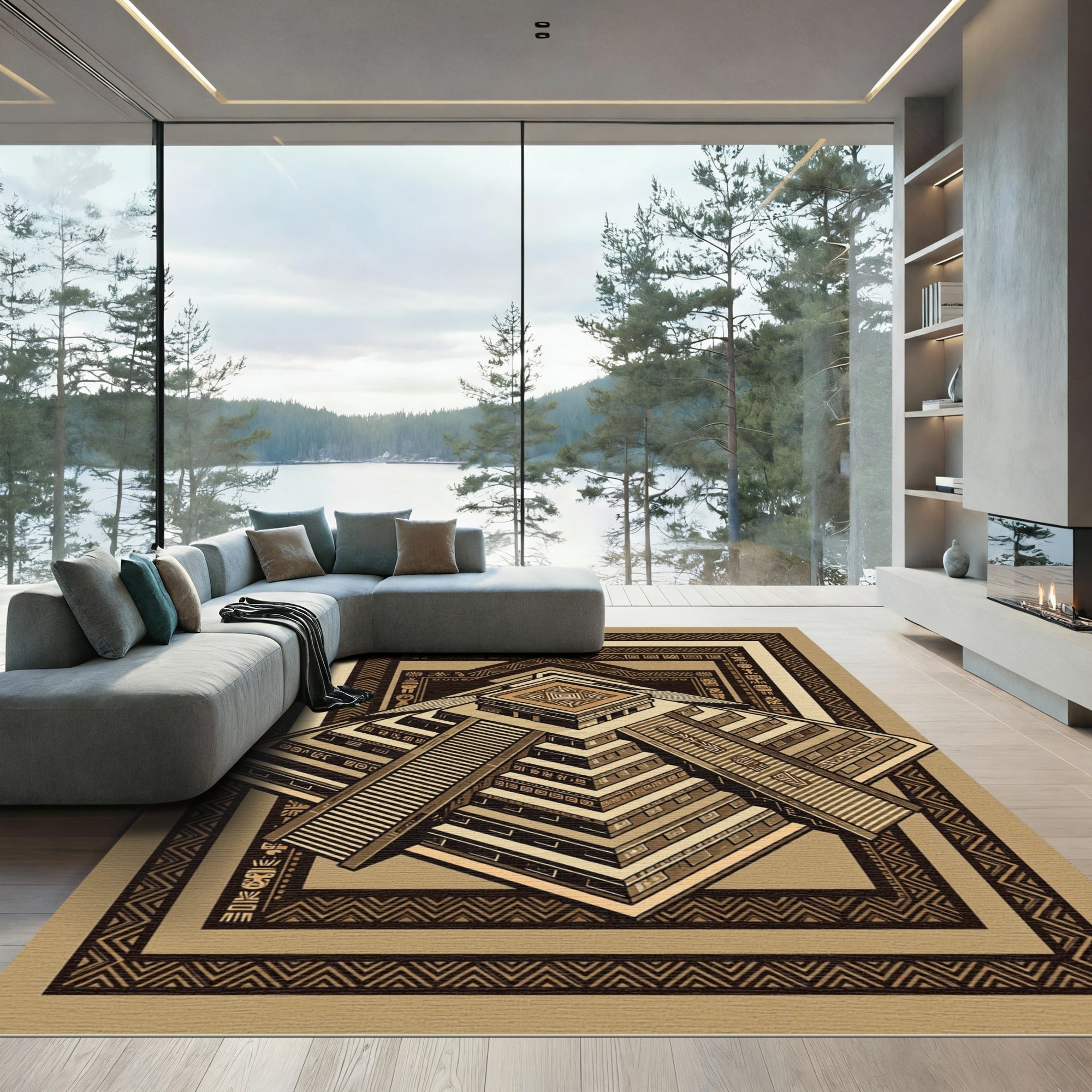 Ancient Aztec Step Pyramid Geometric Rug