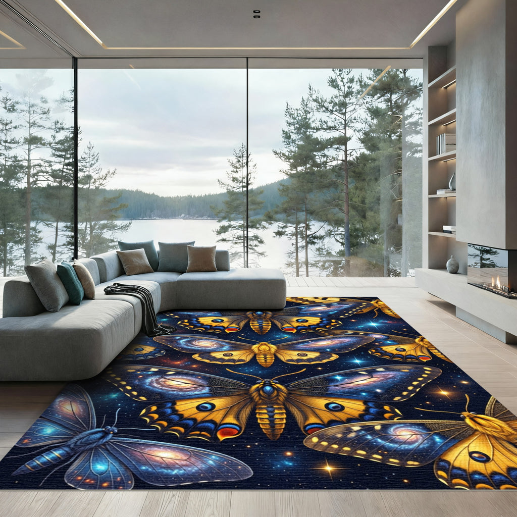 Celestial Gold Butterfly Galaxy Art Rug