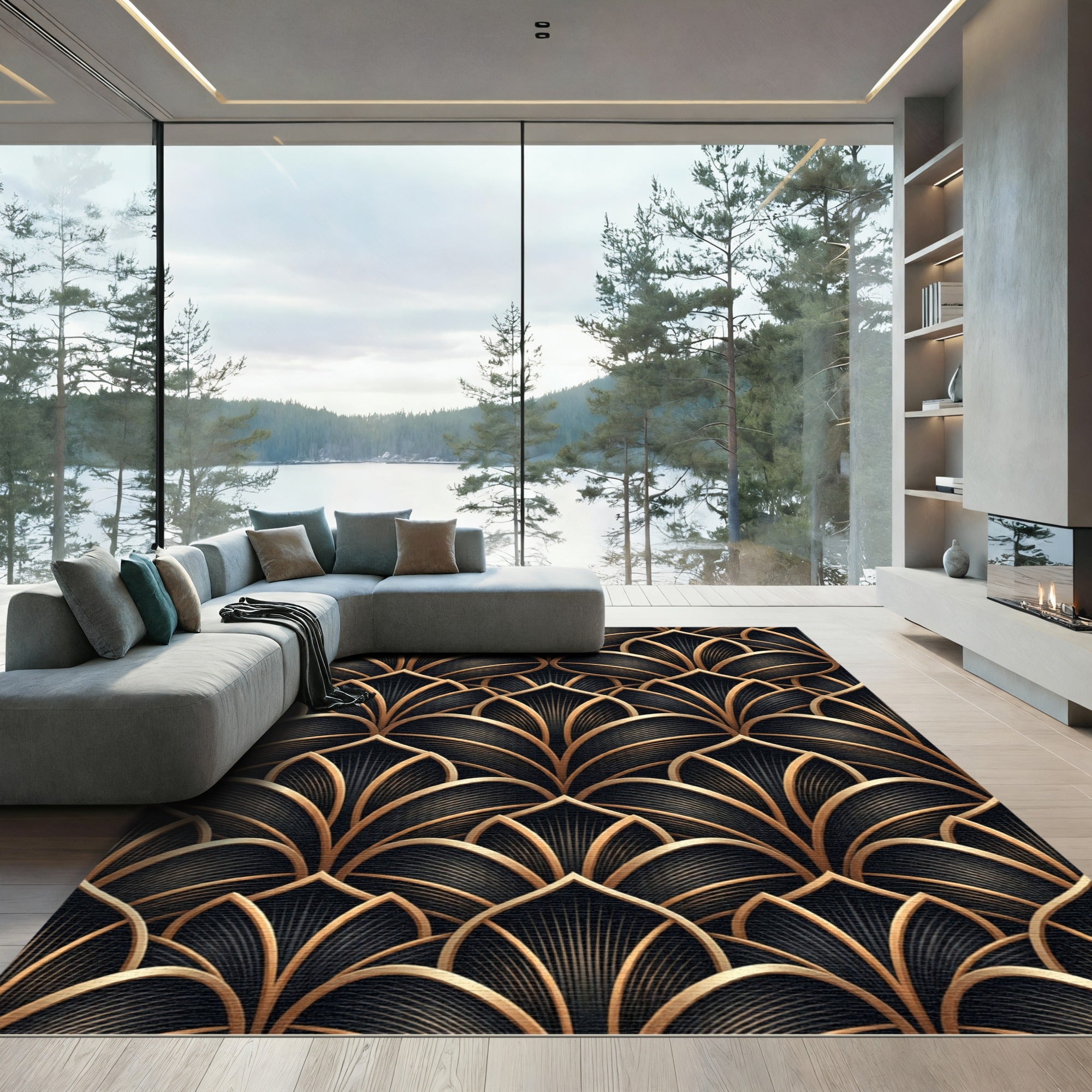 Art Deco Black Gold Fan Rug