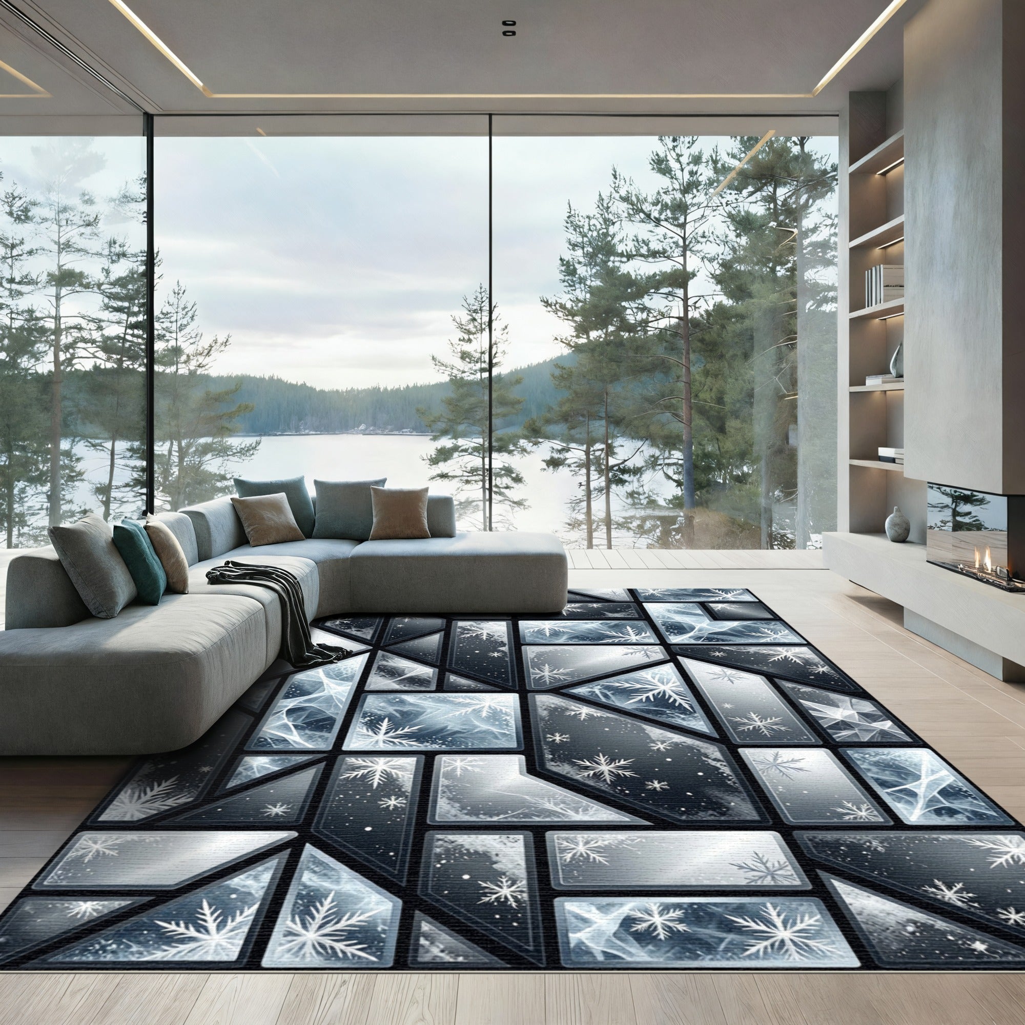 Frozen Blue Geometric Snowflake Mosaic Rug