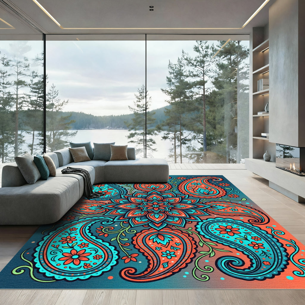 Vibrant Teal Orange Paisley Floral Medallion Rug