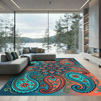 Vibrant Teal Orange Paisley Floral Medallion Rug