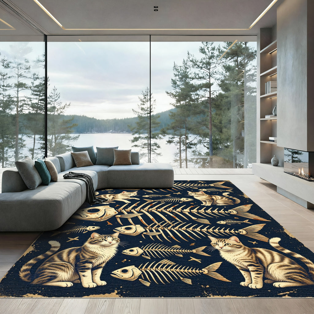 Gothic Tabby Cat Fish Skeleton Dark Rug