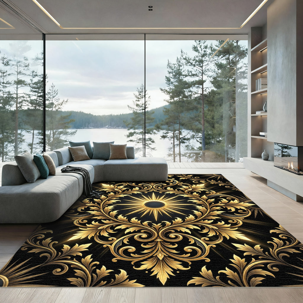Ornate Golden Sunburst Black Filigree Rug